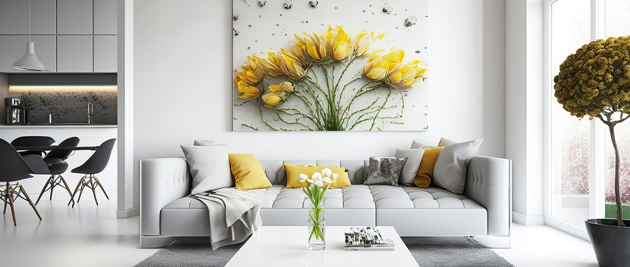 grey livingroom couch with yellow pillows and yellow flower painting